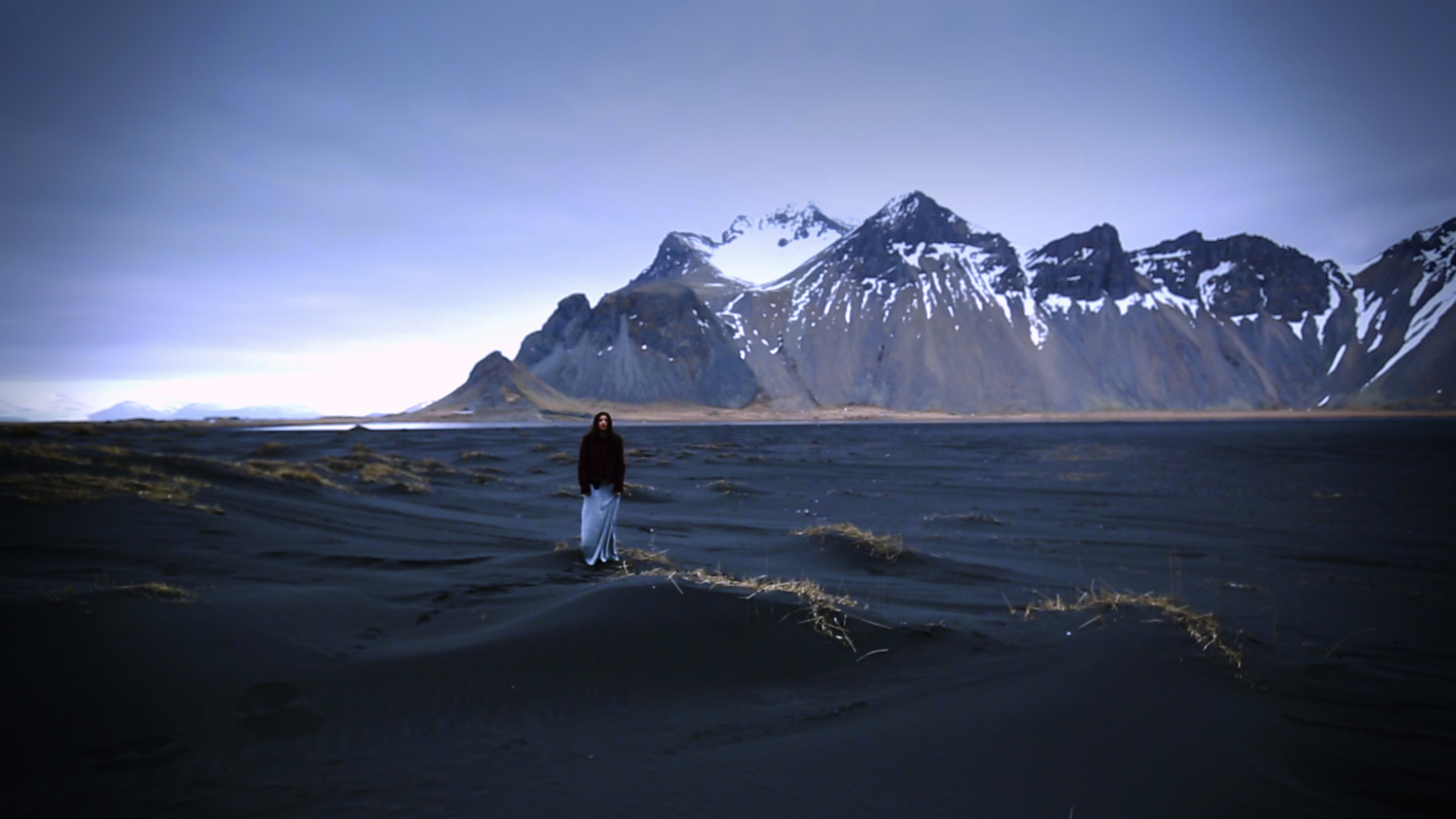 Francesca Miccoli on location in Iceland on the black sand beach Filming Angels and Demons